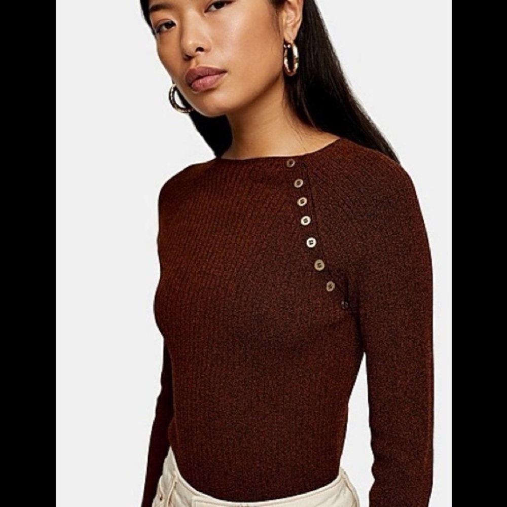 🌹TOPSHOP Brown Button Placket Knitted Top NWT